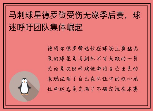 马刺球星德罗赞受伤无缘季后赛，球迷呼吁团队集体崛起