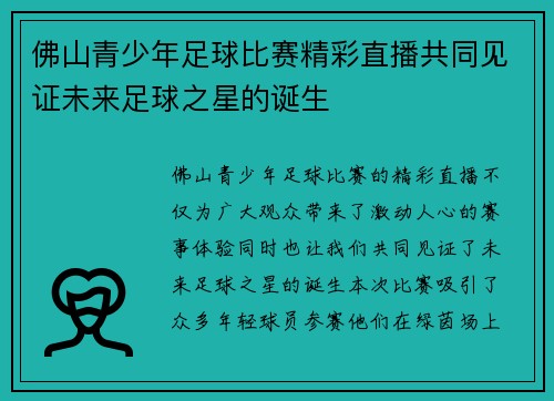 佛山青少年足球比赛精彩直播共同见证未来足球之星的诞生